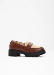 Loafersy chunky. Brązowe czółenka damskie bonprix, bez wzorów, bez obcasa, bez zapięcia. Za 144.99 zł.