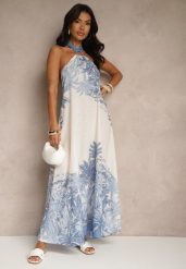 Niebieska Sukienka z Wiskozą Ozdobiona Wiązaniem i Wzorem Palm Folenella. Niebieskie sukienki damskie Renee, na co dzień, na lato, bez wzorów, z wiskozy, eleganckie, bez kołnierzyka, bez ramiączek, maxi. Za 89.99 zł.