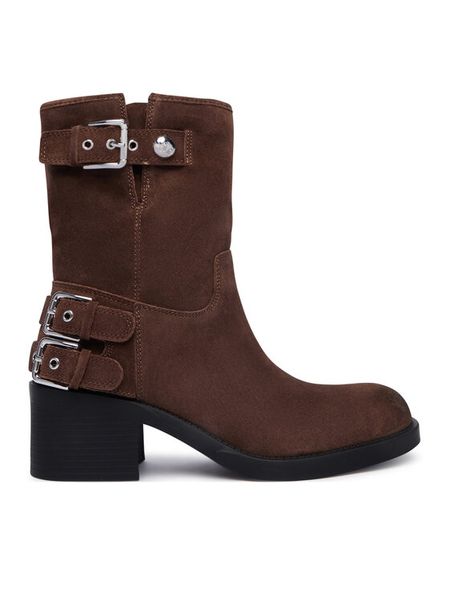 Guess Botki FLTMWE SUE10 Brązowy. Brązowe botki damskie Guess, z aplikacjami, ze skóry, bez obcasa, na słupku, bez zapięcia. Za 764.99 zł.
