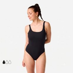 Strój menstruacyjny jednoczęściowy pływacki damski Decathlon Heva. Czarne stroje kąpielowe damskie NABAIJI, l, bez wzorów, z materiału. Za 129.99 zł.