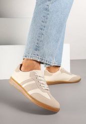 Beżowo-Białe Sneakersy Tenisówki z Ozdobnymi Paskami Danavin. Brązowe trampki i tenisówki damskie Born2be, bez wzorów, z jeansu, bez zapięcia. Za 84.99 zł.