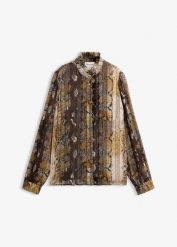 Bluzka z szyfonu z błyszczącą nicią. Czarne bluzki damskie bonprix, bez wzorów, z szyfonu, eleganckie, bez kołnierzyka, bez ramiączek. Za 159.99 zł.