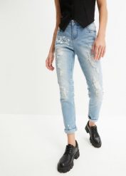 Dżinsy Straight mid waist, z nadrukiem. Niebieskie jeansy damskie bonprix, z aplikacjami, z jeansu. Za 147.99 zł.