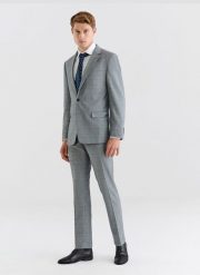 PAKO LORENTE – Szare spodnie garniturowe w niebieską kratę. Niebieskie eleganckie spodnie męskie Pako Lorente, bez wzorów, z elastanu. Za 299.99 zł.