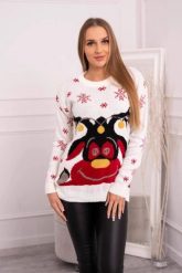 Sweter świąteczny z reniferem ecru. Swetry nierozpinane damskie KESI, l, bez wzorów, z wełny, wizytowe, bez kołnierzyka, plus size, bez ramiączek. Za 125.45 zł.