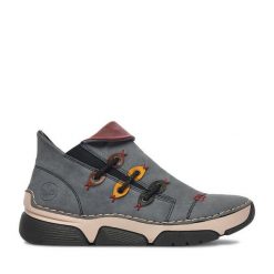 Botki Rieker. Niebieskie botki damskie Rieker, bez wzorów, bez obcasa, na płaskiej podeszwie, bez zapięcia. Za 349.99 zł.
