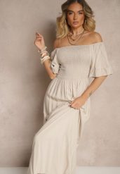 Jasnobeżowa Rozkloszowana Sukienka Hiszpanka z Bawełny z Elastyczną Górą Maissa. Brązowe sukienki damskie Renee, na co dzień, l, bez wzorów, z bawełny, eleganckie, bez kołnierzyka, bez ramiączek, midi, rozkloszowane. Za 39.99 zł.
