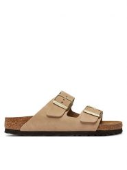 Birkenstock Klapki Arizona Sfb Lenb 1019016 Beżowy. Brązowe klapki damskie Birkenstock, bez wzorów, z nubiku, bez obcasa, bez zapięcia. Za 511.20 zł.