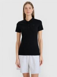 4F Koszulka polo slim damska - czarna M. Czarne bluzki damskie 4F, m, bez wzorów, z bawełny, klasyczne, bez kołnierzyka, bez ramiączek. Za 79.99 zł.