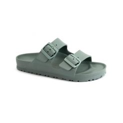 Klapki damskie Birkenstock Arizona Eva Pure Sage. Zielone klapki damskie Birkenstock, bez wzorów, z materiału, bez obcasa, bez zapięcia. Za 359.00 zł.