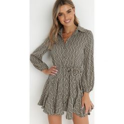 Beżowa Sukienka Koszulowa Horro. Brązowe sukienki damskie Born2be, l, bez wzorów, z materiału, bez kołnierzyka, bez ramiączek, mini, koszulowe. Za 169.99 zł.