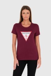 GUESS Bordowy damski t-shirt bawełniany Original Tee, Rozmiar S. Czerwone t-shirty damskie Guess, s, z aplikacjami, z bawełny, bez kołnierzyka, bez ramiączek. W wyprzedaży za 100.99 zł.
