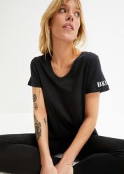 T-shirt z czystej bawełny. Czarne t-shirty damskie bonprix, bez wzorów, z bawełny, bez kołnierzyka, bez ramiączek. Za 42.99 zł.