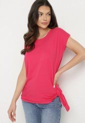 Różowy Bawełniany T-shirt z Wiązaniem Falmio. Czerwone t-shirty damskie Born2be, m, bez wzorów, z bawełny, eleganckie, bez kołnierzyka, bez ramiączek. Za 29.99 zł.