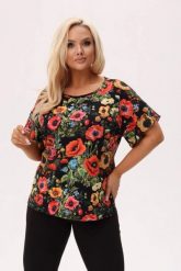 Bluzka MAKOVSKA - print w maki na czarnym tle PLUS SIZE XXL OVERSIZE. Czarne bluzki damskie Moda Size Plus Iwanek, l, bez wzorów, z bawełny, eleganckie, bez kołnierzyka, plus size, bez ramiączek. Za 149.90 zł.
