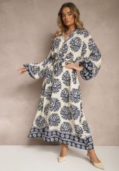 Niebieska Sukienka Oversize z Wiskozy z Paskiem Zdobiona Etnicznym Printem Velsekia. Niebieskie sukienki damskie Renee, na co dzień, m, z aplikacjami, z materiału, eleganckie, bez kołnierzyka, bez ramiączek, maxi, oversize. Za 109.99 zł.