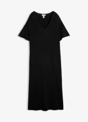 Sukienka z dżerseju z mieszanki wiskozy. Czarne sukienki damskie bonprix, bez wzorów, z dżerseju, bez kołnierzyka, bez ramiączek, mini. Za 112.99 zł.