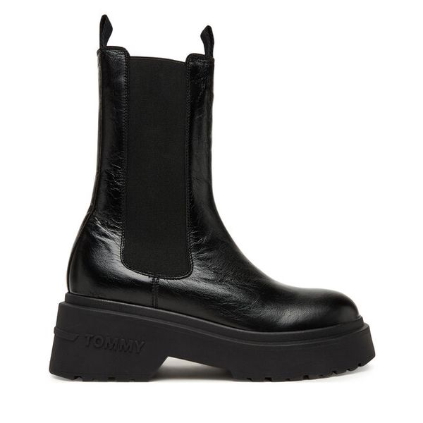 Sztyblety Tommy Jeans. Czarne botki damskie Tommy Jeans, bez wzorów, z jeansu, bez obcasa, na płaskiej podeszwie, bez zapięcia. Za 489.99 zł.