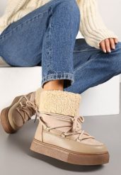 Ciemnobeżowe Śniegowce Futerkowe na Platformie ze Sznurowaną Cholewką Izalithia. Brązowe śniegowce damskie Renee, z futra, bez zapięcia. Za 79.99 zł.