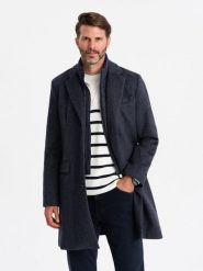 Rozpinany męski płaszcz z wełną – granatowy V1 - Rozmiar: XL. Niebieskie płaszcze męskie Ombre Clothing, na zimę, m, bez wzorów, z materiału, eleganckie, bez kołnierzyka, bez kaptura. W wyprzedaży za 547.49 zł.