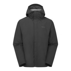 Kurtka przeciwdeszczowa męska Rab Downpour Jacket z kapturem. Czarne kurtki męskie RAB, m, bez wzorów, sportowe, z kapturem. Za 629.99 zł.