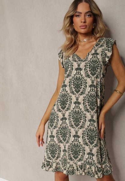 Zielono-Beżowa Boho Sukienka z Bawełny na Ramiączkach Ozdobiona Falbanką Testalaya. Zielone sukienki damskie Renee, na co dzień, na lato, l, bez wzorów, z bawełny, boho, bez kołnierzyka, bez ramiączek, midi. Za 44.99 zł.