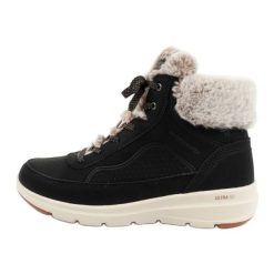 Buty Skechers 144199/BLK czarne. Czarne botki damskie bez wzorów, ze skóry ekologicznej, klasyczne, bez obcasa, bez zapięcia. Za 432.01 zł.