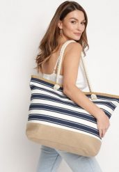 Beżowo-Granatowa Plażowa Torebka Shopper z Rączkami ze Sznurka Wykończona Plecionką Zapinana na Suwak Linneli. Brązowe shopperki damskie Born2be, bez wzorów, z materiału, bez dodatków. Za 44.99 zł.