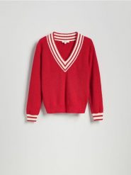 Bawełniany sweter - czerwony. Czerwone swetry nierozpinane damskie Reserved, l, bez wzorów, z bawełny, bez kołnierzyka, bez ramiączek. W wyprzedaży za 159.99 zł.