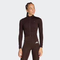 Bluza Workout Essentials Full-Zip Knit. Brązowe bluzy damskie Adidas, m, bez wzorów, z dzianiny, bez ramiączek, bez kaptura. Za 240.65 zł.