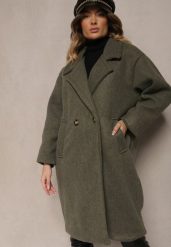 Zielony Dwurzędowy Płaszcz Oversize z Wełną Spolete. Zielone płaszcze damskie Renee, bez wzorów, z wełny, eleganckie, bez kołnierzyka, bez kaptura. Za 289.99 zł.