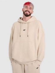 4F Bluza dresowa oversize nierozpinana z kapturem męska 4F x Tomasz Fornal - beżowa L. Brązowe bluzy sportowe męskie 4F, l, z aplikacjami, z dresówki, z kapturem, do siatkówki. Za 249.99 zł.