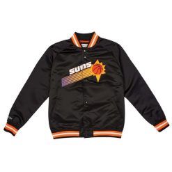 Lekka satynowa kurtka Phoenix Suns. Czarne kurtki męskie Mitchell & Ness, bez wzorów, z satyny, sportowe, bez kaptura. Za 467.00 zł.