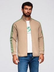 Bluza męska rozpinana z lampasami i wysoką stójką – brązowa V1 - Rozmiar: L. Brązowe bluzy sportowe męskie Ombre Clothing, l, bez wzorów, z bawełny, bez kaptura. Za 209.99 zł.