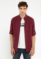 Koszula w kratę, Regular Fit, K-BASEL. Czerwone koszule męskie Volcano, m, bez wzorów, z bawełny, klasyczne, bez kołnierzyka, bez ramiączek. Za 139.99 zł.