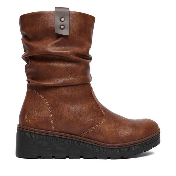 Kozaki Rieker. Brązowe kozaki damskie Rieker, bez wzorów, bez obcasa, na koturnie, bez zapięcia. Za 379.99 zł.