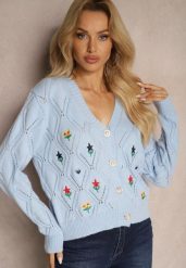 Jasnoniebieski Kardigan z Dodatkiem Wełny z Naszywkami w Kształcie Kwiatów Gatina. Niebieskie kardigany damskie Renee, l, z aplikacjami, z jeansu, eleganckie, bez kołnierzyka. Za 69.99 zł.