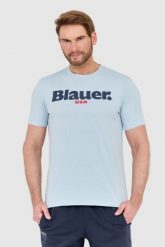BLAUER Błękitny męski t-shirt z dużym logo. Niebieskie t-shirty męskie Blauer USA, l, bez wzorów, bez kołnierzyka, bez ramiączek. W wyprzedaży za 129.99 zł.