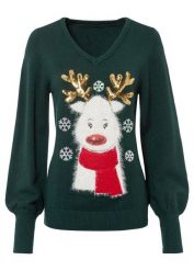 Sweter bożonarodzeniowy. Zielone swetry nierozpinane damskie bonprix, bez wzorów, bez kołnierzyka, bez ramiączek. Za 159.99 zł.