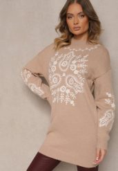 Ciemnobeżowy Sweter z Wiskozą o Długim Kroju z Ozdobnym Haftem Adelithra. Brązowe swetry nierozpinane damskie Renee, bez wzorów, z jeansu, casualowe, bez kołnierzyka, bez ramiączek. Za 139.99 zł.