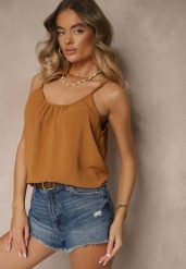 Brązowy Basicowy Top z Bawełną Thireldi. Brązowe topy damskie Renee, l, bez wzorów, z bawełny, bez kołnierzyka, bez ramiączek. Za 29.99 zł.