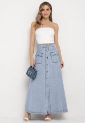 Jasnoniebieska Trapezowa Spódnica Maxi Bawełniana Jeansowa z Guzikami i Kieszeniami z Klapami Zrissa. Niebieskie spódnice damskie Born2be, na co dzień, m, bez wzorów, z bawełny, eleganckie, maxi, koszulowe. Za 94.99 zł.