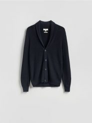 Kardigan z wełną - granatowy. Niebieskie swetry męskie Reserved, l, bez wzorów, z dzianiny, bez kołnierzyka, bez ramiączek. Za 239.99 zł.