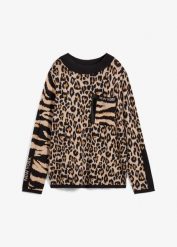 Sweter z cienkiej dzianiny ze wzorem w panterkę. Brązowe swetry nierozpinane damskie bonprix, bez wzorów, z dzianiny, bez kołnierzyka, bez ramiączek. Za 147.99 zł.