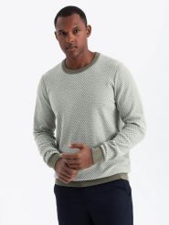 Dzianinowy męski sweter RELAXED FIT we wzory oliwkowy V2 OM-SWSW-0111 XXL. Zielone swetry męskie Ombre, m, bez wzorów, z dzianiny, bez kołnierzyka, bez ramiączek. Za 105.88 zł.