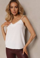 Biały Top Ozdobiona Koronką z Tkaniny Plumeti Assunta. Białe topy damskie Renee, l, bez wzorów, z koronki, eleganckie, bez kołnierzyka, bez ramiączek. Za 44.99 zł.