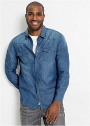 Koszula dżinsowa z czystej bawełny organicznej, slim fit. Niebieskie koszule męskie bonprix, m, bez wzorów, z bawełny, bez kołnierzyka, bez ramiączek. Za 109.99 zł.
