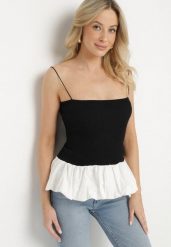 Czarny Prążkowany Top z Ozdobną Falbanką Alutte. Czarne topy damskie Born2be, bez wzorów, z jeansu, eleganckie, bez kołnierzyka, bez ramiączek. Za 79.99 zł.