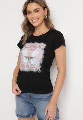 Czarny Bawełniany T-shirt z Nadrukiem Motyla i Cyrkoniami Uliriela. Czarne t-shirty damskie Born2be, l, bez wzorów, z bawełny, klasyczne, bez kołnierzyka, bez ramiączek. Za 34.99 zł.