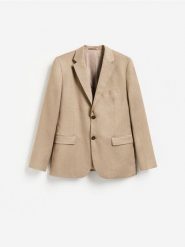 Marynarka slim fit z dodatkiem wiskozy - brązowy. Brązowe garnitury męskie Reserved, l, bez wzorów, z tkaniny, bez kołnierzyka, bez ramiączek. Za 359.99 zł.